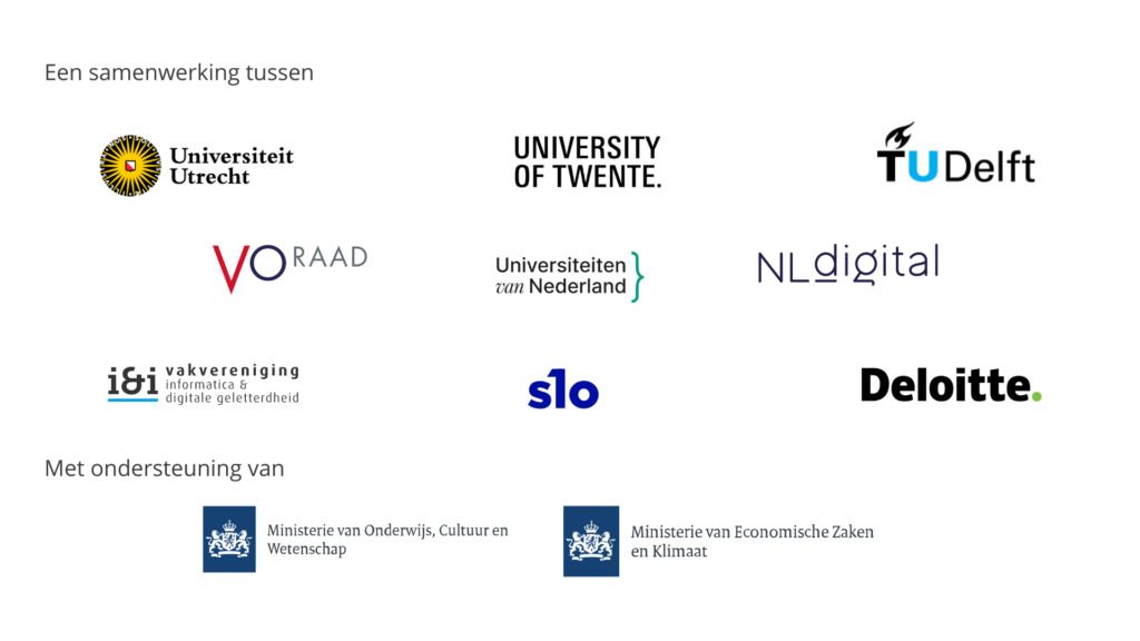 co-teach informatica samenwerkingspartners: Universiteit Utrecht, University of Twente, TU Delft, VO-Raad, Universiteiten van Nederland, NLDigital, i&i, SLO, Deloitte.
Met ondersteuning van OCW & EZK